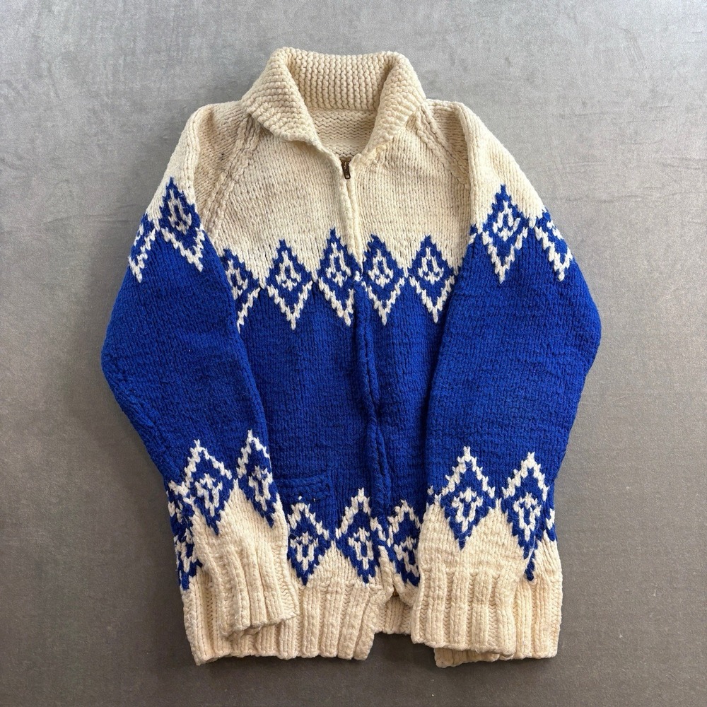 Vintage Cowichan Style Wool Sweater Blue White Full Zip Knit Cardigan Men's M
